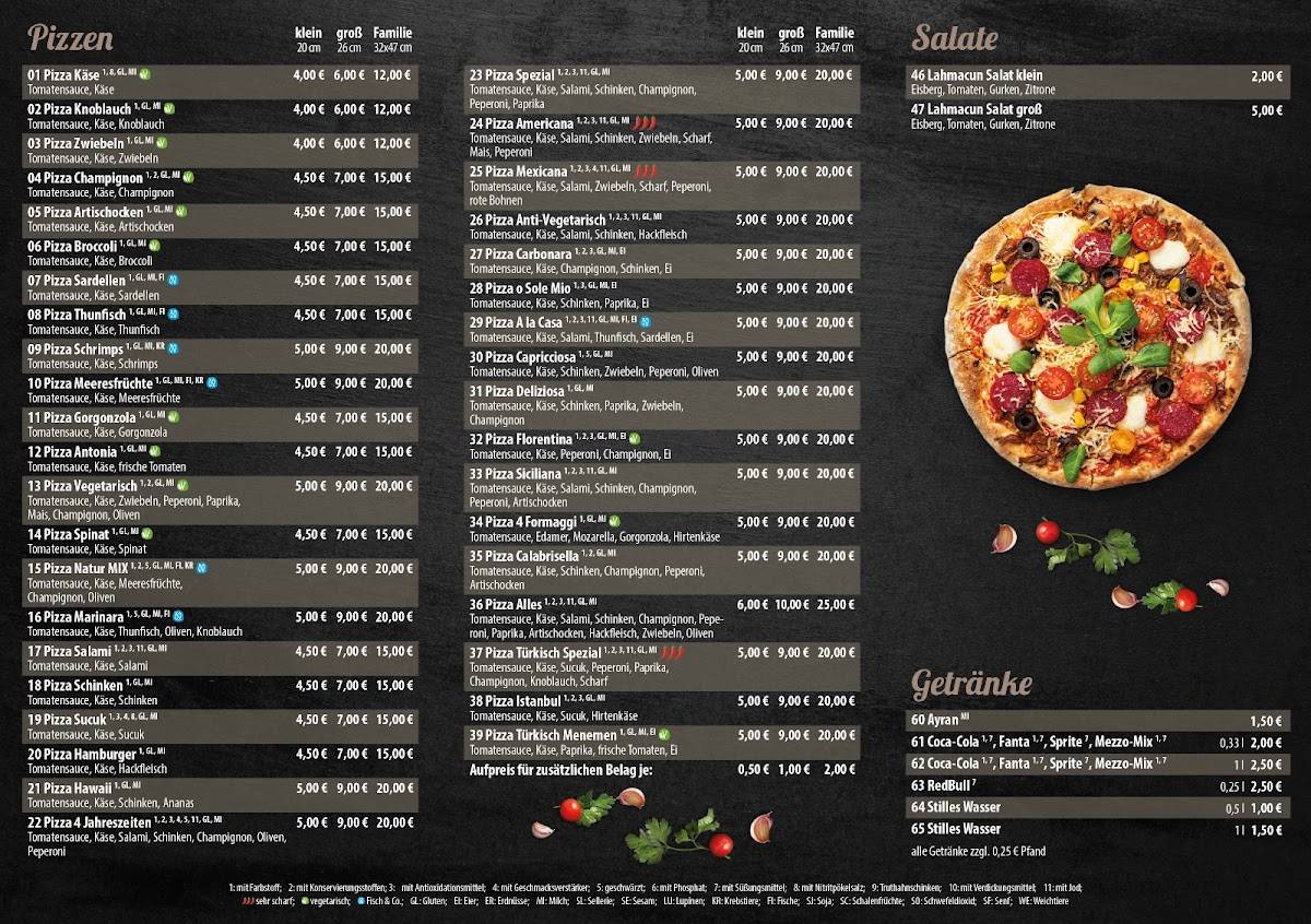 Originale Maraşlıoğlu Speisekarte mit Pizza und frischen Zutaten